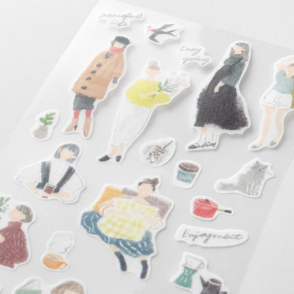 Midori fashion illustration washi sticker sheets with women, outfits, and accessories in soft watercolor tones
