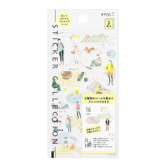 Midori Going Out stickers – 2 sheets featuring outdoor scenes like picnics, hiking, trees, dogs, and women relaxing