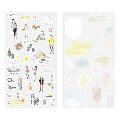Midori Going Out stickers – 2 sheets featuring outdoor scenes like picnics, hiking, trees, dogs, and women relaxing