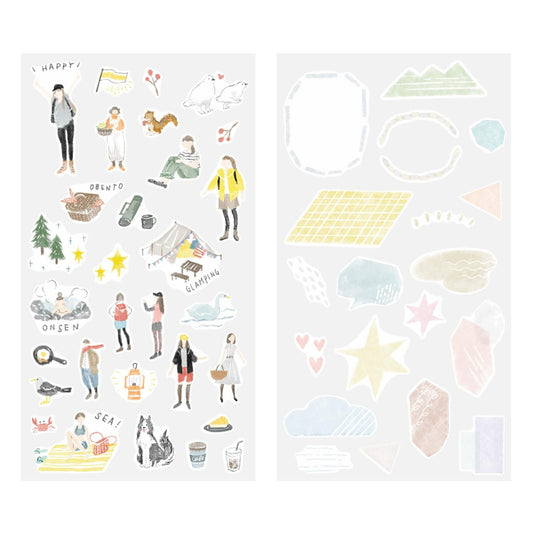 Midori Going Out stickers – 2 sheets featuring outdoor scenes like picnics, hiking, trees, dogs, and women relaxing