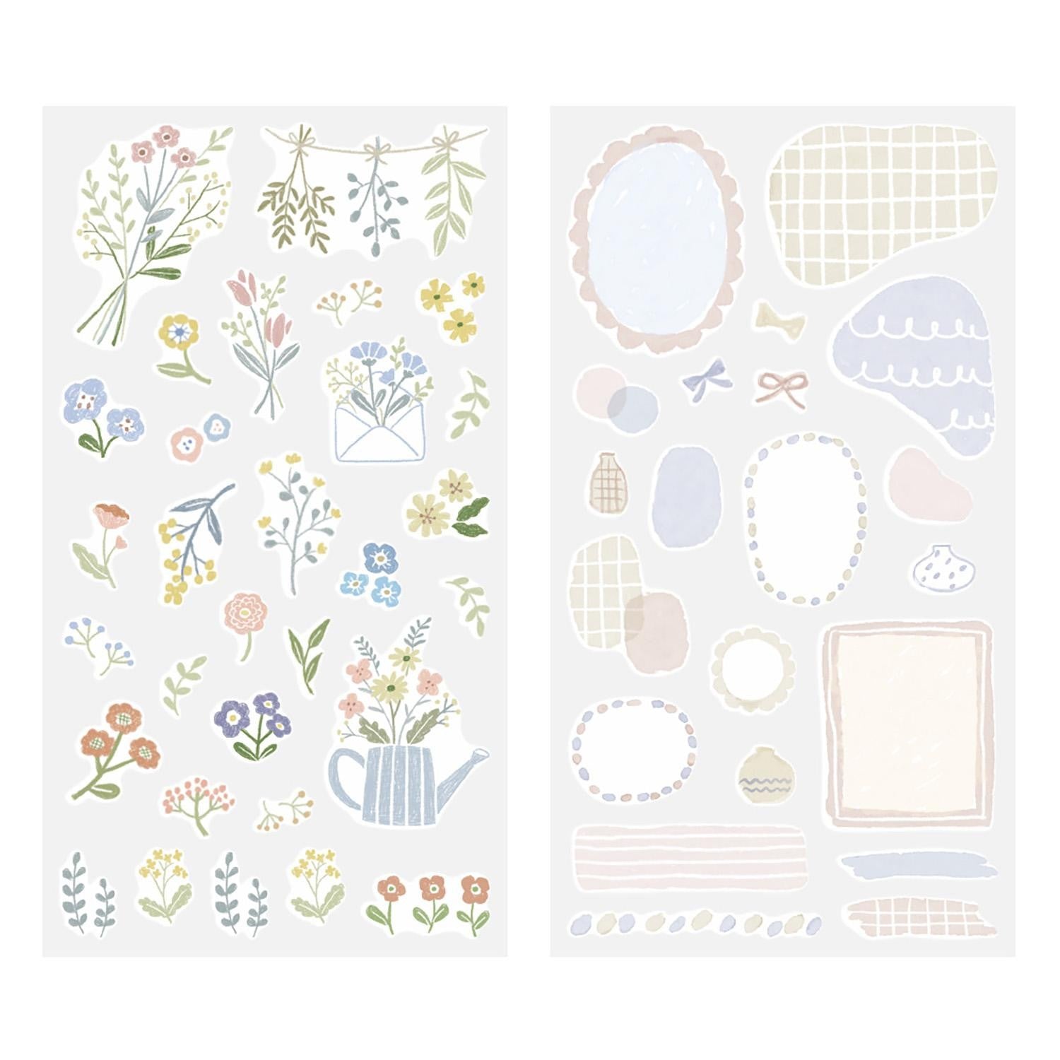 Midori Japanese soft garden flower washi sticker sheets with pastel florals and vases