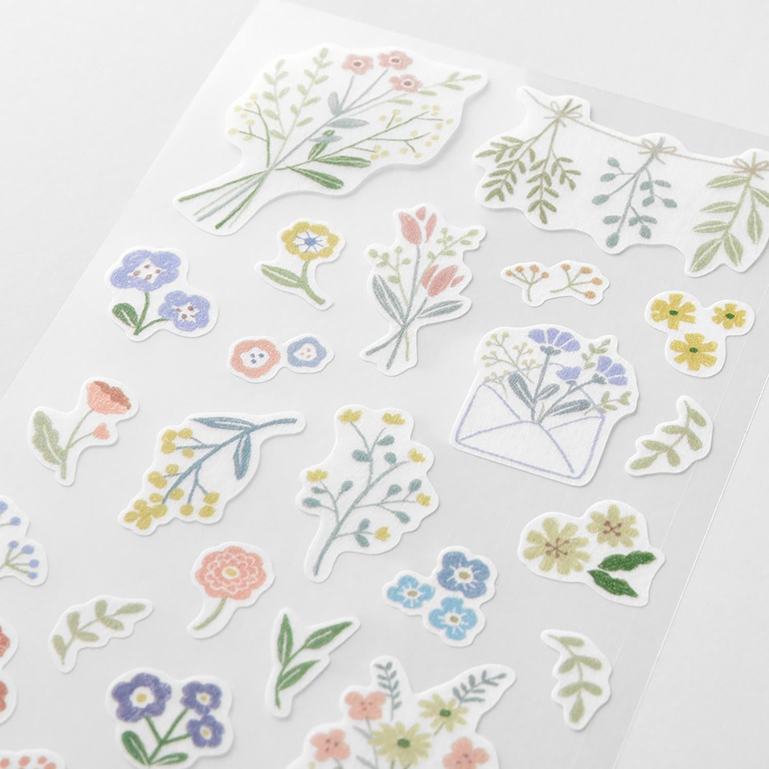 Midori Japanese soft garden flower washi sticker sheets with pastel florals and vases