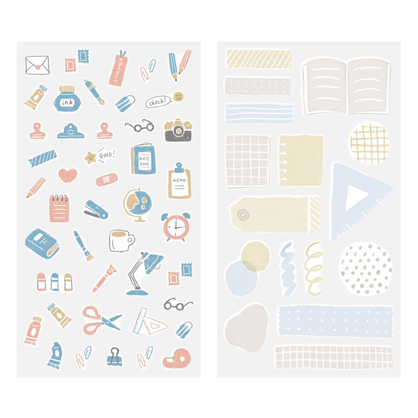 Midori Japanese stationery-themed washi sticker sheets with pens, notebooks, clips, and desk items in soft pastel tones