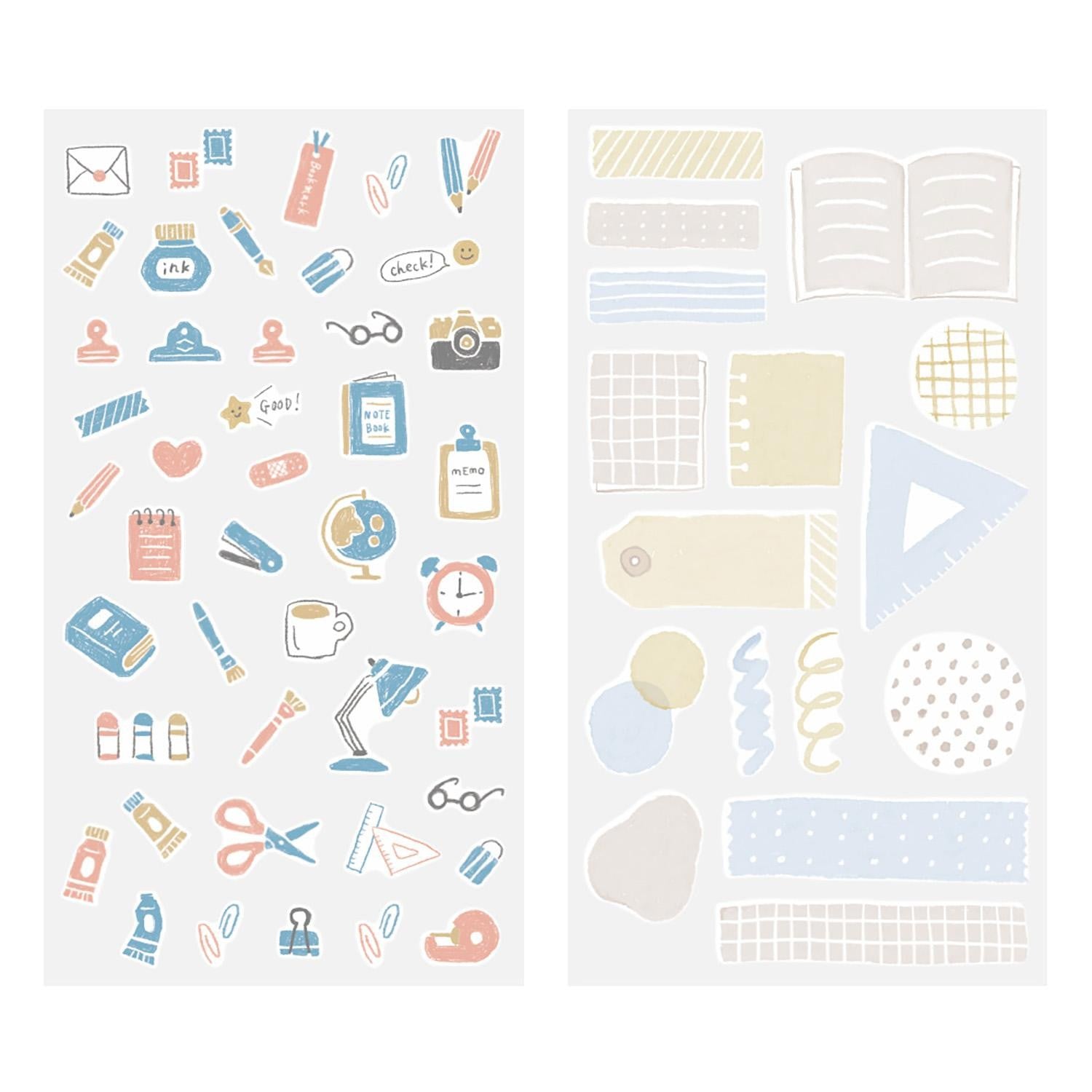 Midori Japanese stationery-themed washi sticker sheets with pens, notebooks, clips, and desk items in soft pastel tones