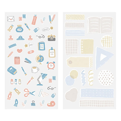 Midori Japanese stationery-themed washi sticker sheets with pens, notebooks, clips, and desk items in soft pastel tones