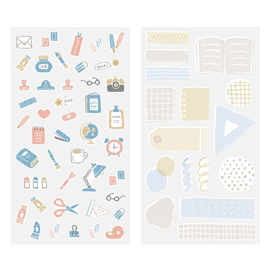 Midori Japanese stationery-themed washi sticker sheets with pens, notebooks, clips, and desk items in soft pastel tones