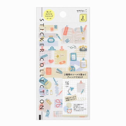 Midori Japanese stationery-themed washi sticker sheets with pens, notebooks, clips, and desk items in soft pastel tones