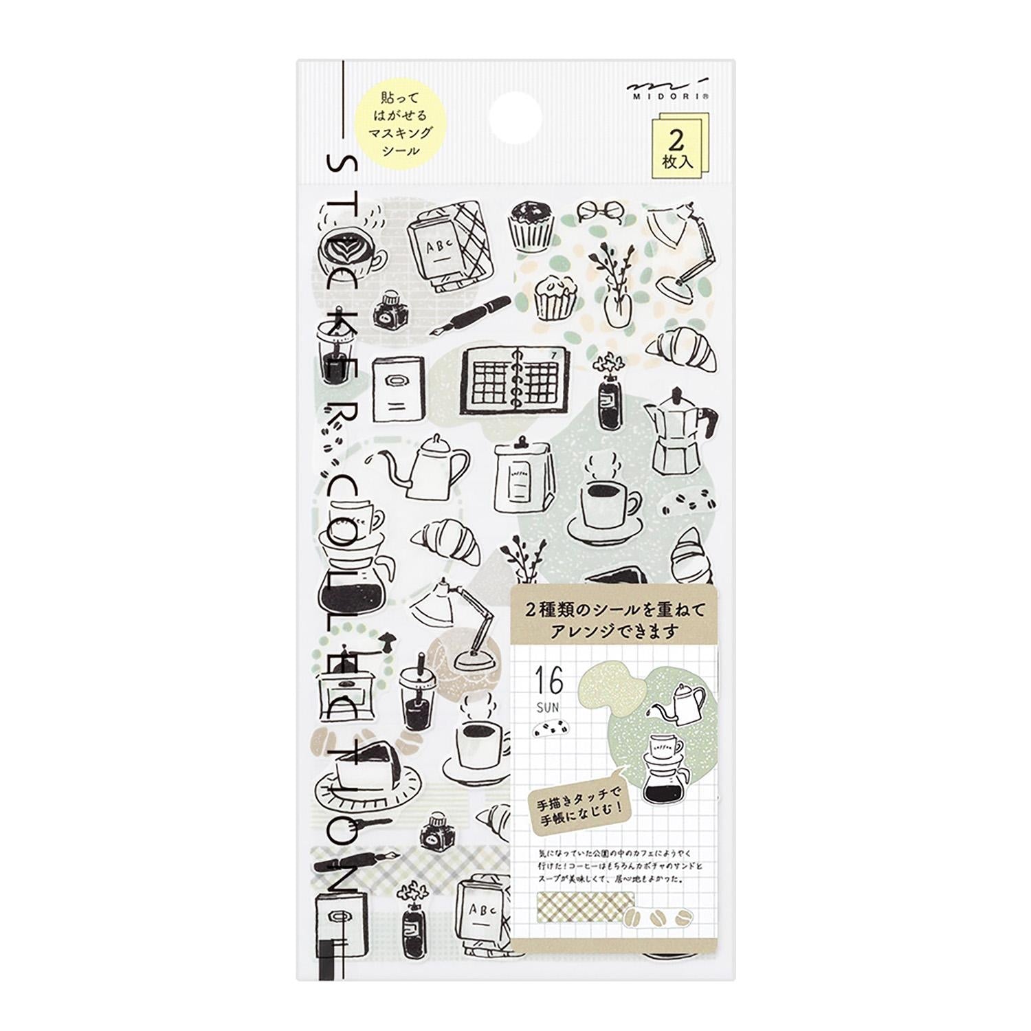 Monotone Café Midori two‑sheet washi sticker set with café motifs and background patterns