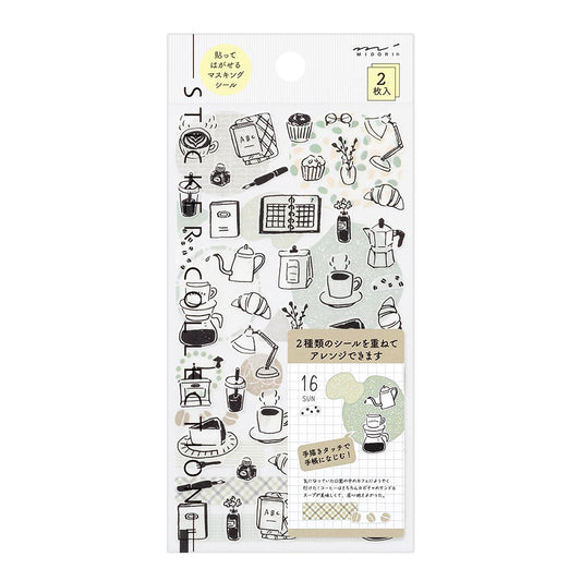 Monotone Café Midori two‑sheet washi sticker set with café motifs and background patterns