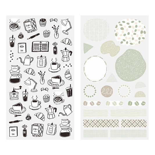 Two washi sticker sheets: café motif sheet plus abstract pattern sheet
