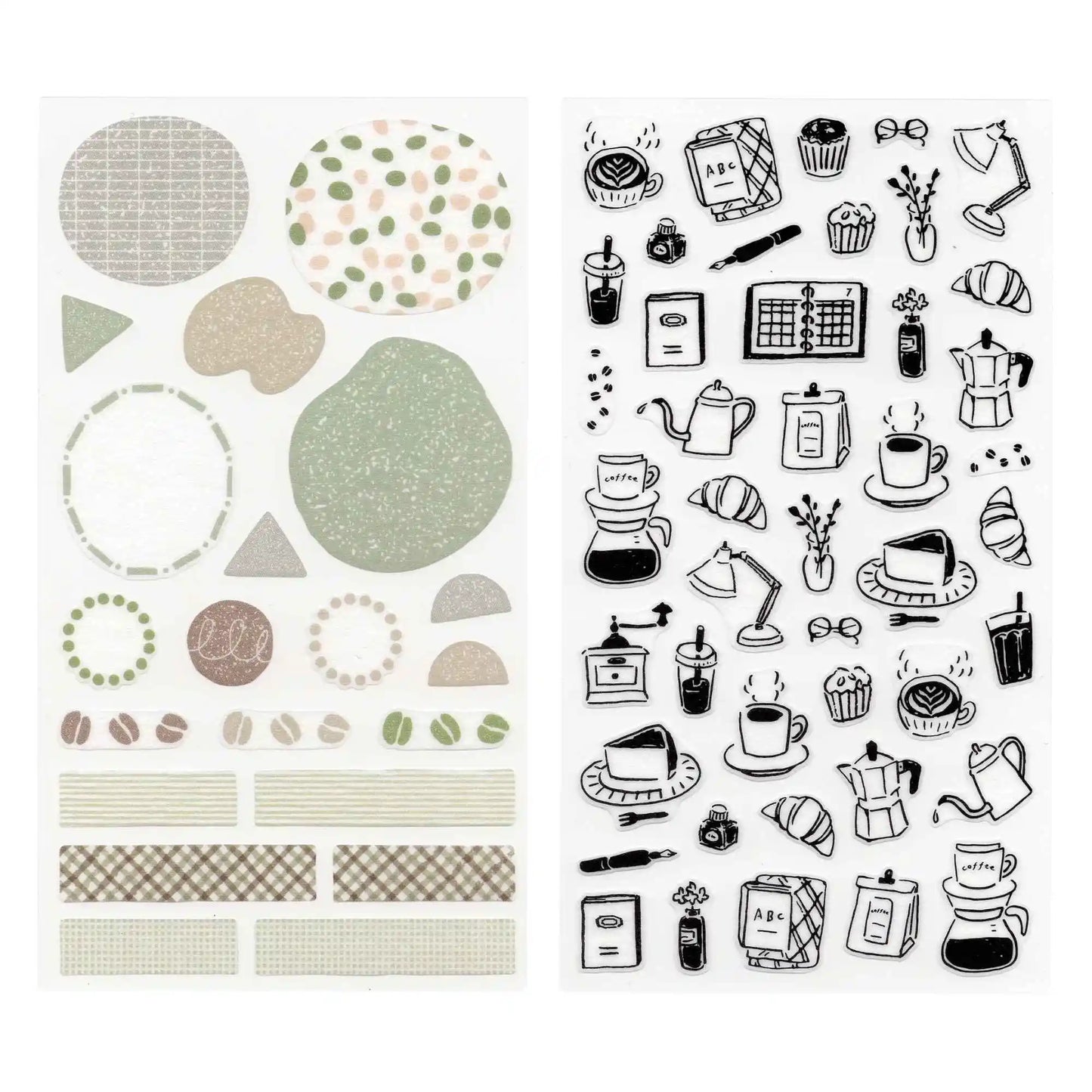 Monotone Café Midori two‑sheet washi sticker set with café motifs and background patterns