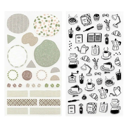 Monotone Café Midori two‑sheet washi sticker set with café motifs and background patterns
