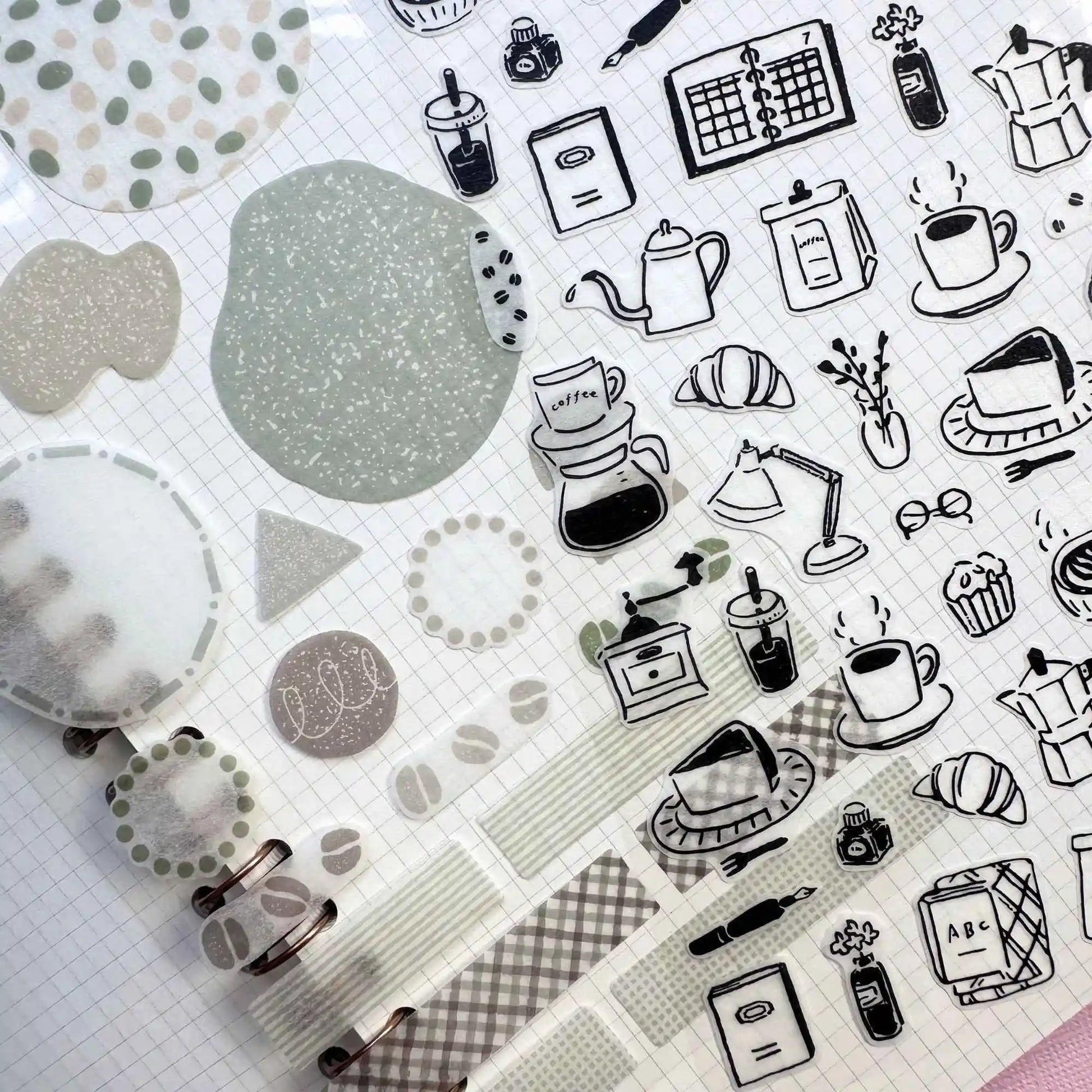 Monotone Café Midori two‑sheet washi sticker set with café motifs and background patterns