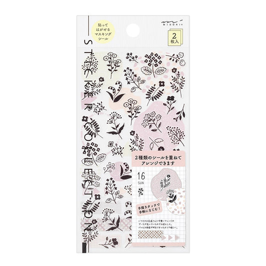 Midori Japanese monotone flower washi sticker sheets with black and white floral illustrations