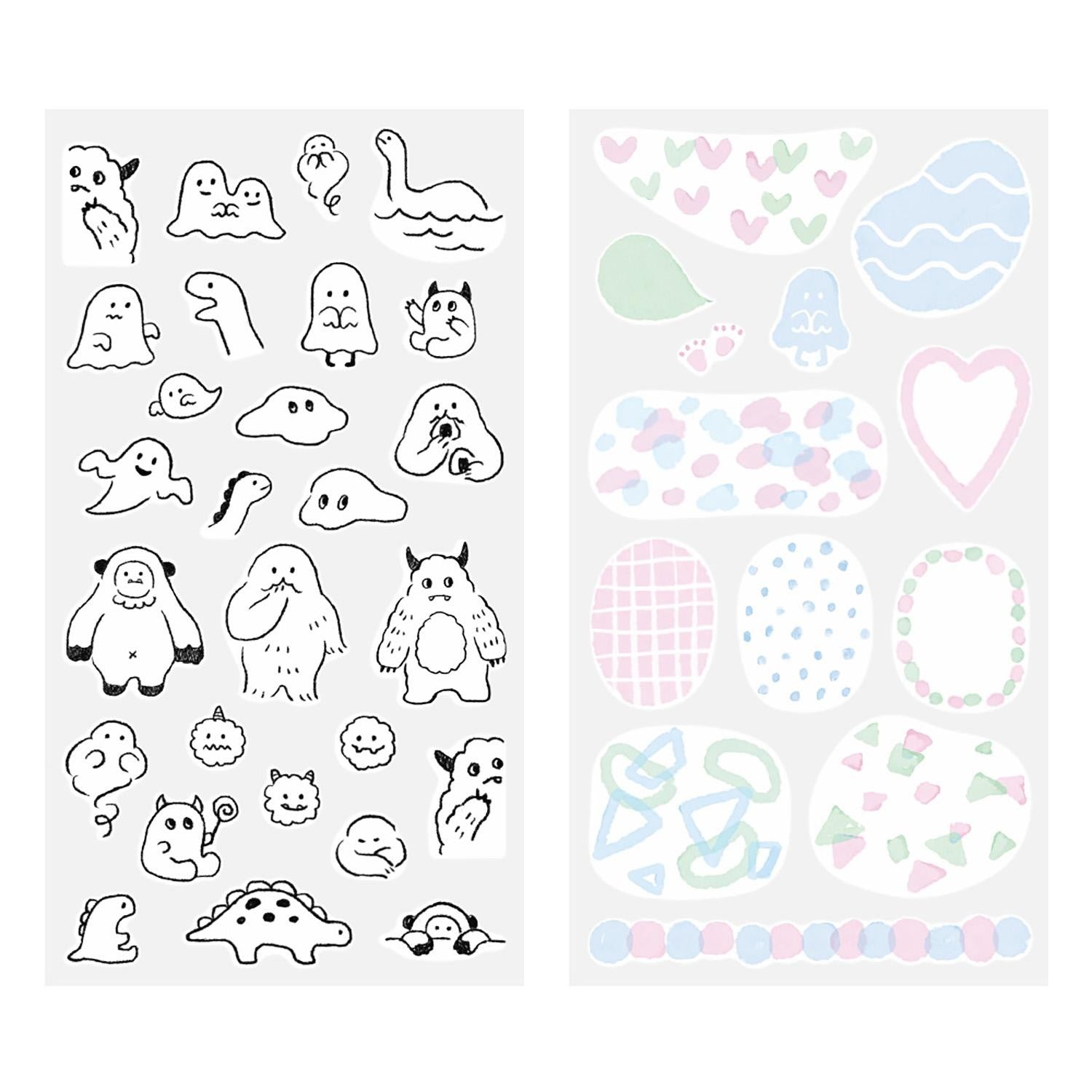 Midori Monster two-sheet sticker set – 1 sheet of monsters and 1 sheet of colourful patterned background stickers