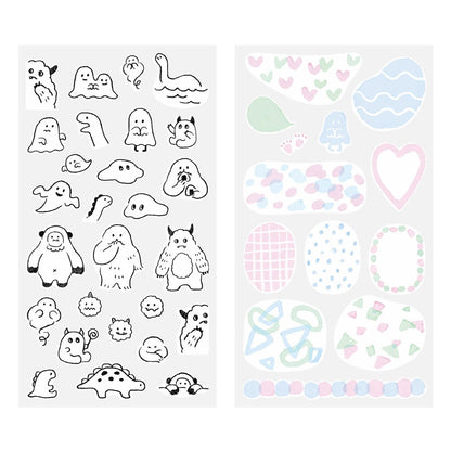 Midori Monster two-sheet sticker set – 1 sheet of monsters and 1 sheet of colourful patterned background stickers