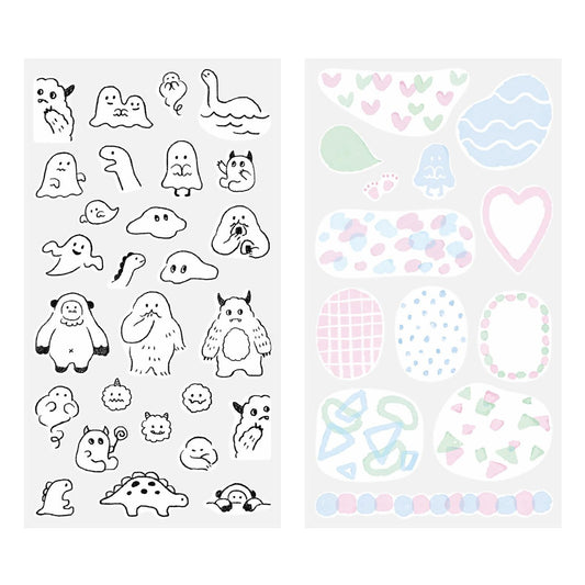 Midori Monster two-sheet sticker set – 1 sheet of monsters and 1 sheet of colourful patterned background stickers