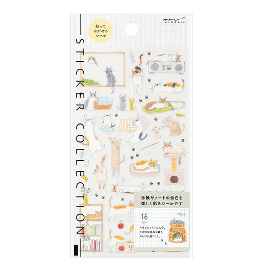 Midori cat sticker sheet – illustrated PET stickers of playful cats and paw prints for journaling and planners