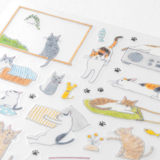 Midori cat sticker sheet – illustrated PET stickers of playful cats and paw prints for journaling and planners