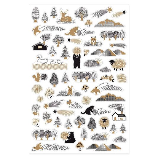 Midori Yuru Log camouflage forest washi sticker sheet with woodland animals, trees, and delicate gold foil accents