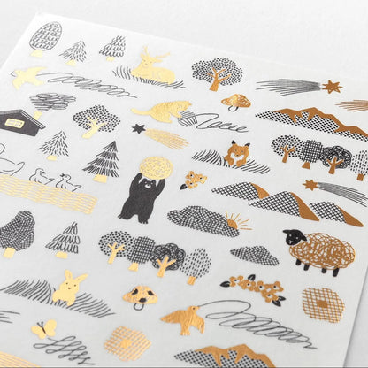 Midori Yuru Log camouflage forest washi sticker sheet with woodland animals, trees, and delicate gold foil accents