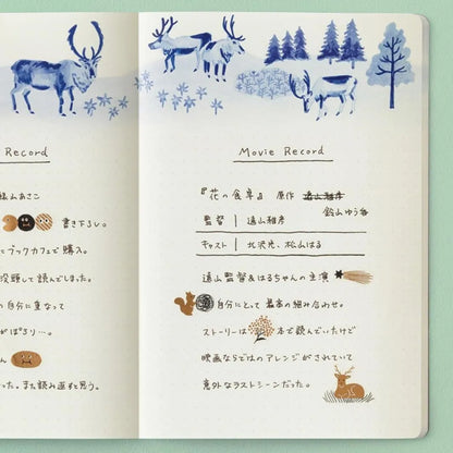 Midori Yuru Log camouflage forest washi sticker sheet with woodland animals, trees, and delicate gold foil accents