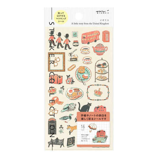 Midori Japanese travel series British motifs washi sticker sheet with tea sets, red buses, guards, and vintage illustrations