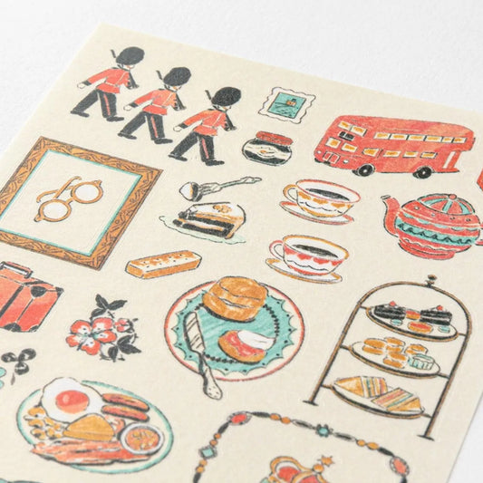 Midori Japanese travel series British motifs washi sticker sheet with tea sets, red buses, guards, and vintage illustrations