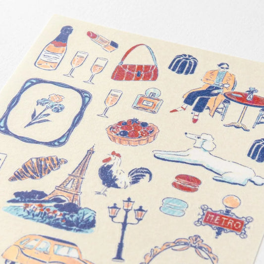 Midori travel series French motifs washi sticker sheet with cafés, Eiffel Tower, bicycles, food, and Parisian illustrations
