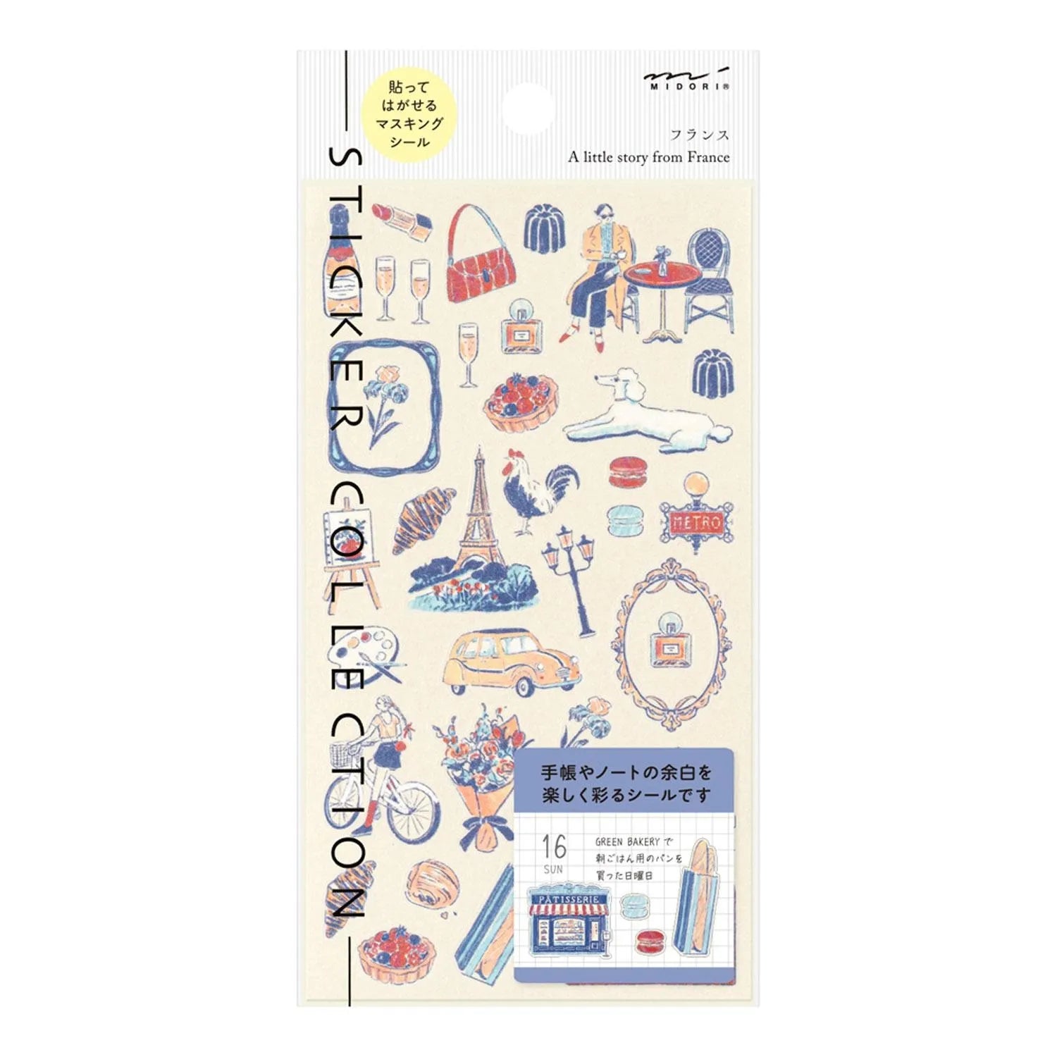 Midori travel series French motifs washi sticker sheet with cafés, Eiffel Tower, bicycles, food, and Parisian illustrations