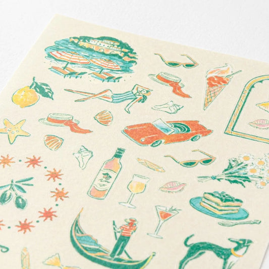 Midori travel series Italian motifs washi sticker sheet with gelato, espresso, scooters, coastal towns, and vintage Italian illustrations