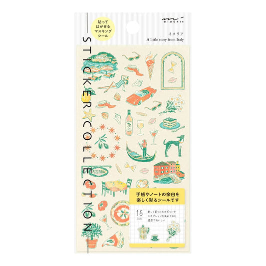 Midori travel series Italian motifs washi sticker sheet with gelato, espresso, scooters, coastal towns, and vintage Italian illustrations