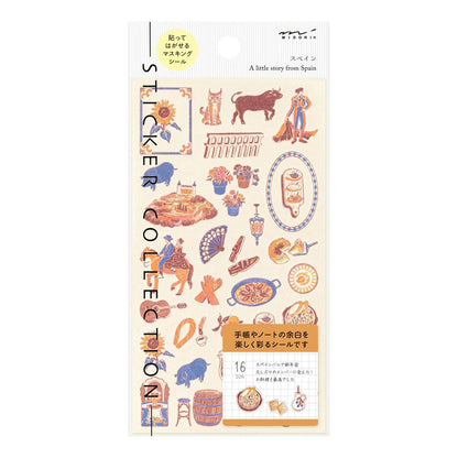 Midori travel series Spanish motifs washi sticker sheet with tapas, fans, tiles, architecture, and traditional Spanish illustrations
