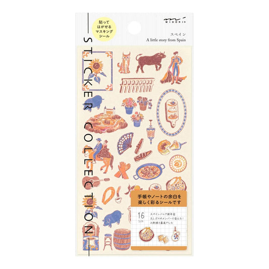 Midori travel series Spanish motifs washi sticker sheet with tapas, fans, tiles, architecture, and traditional Spanish illustrations