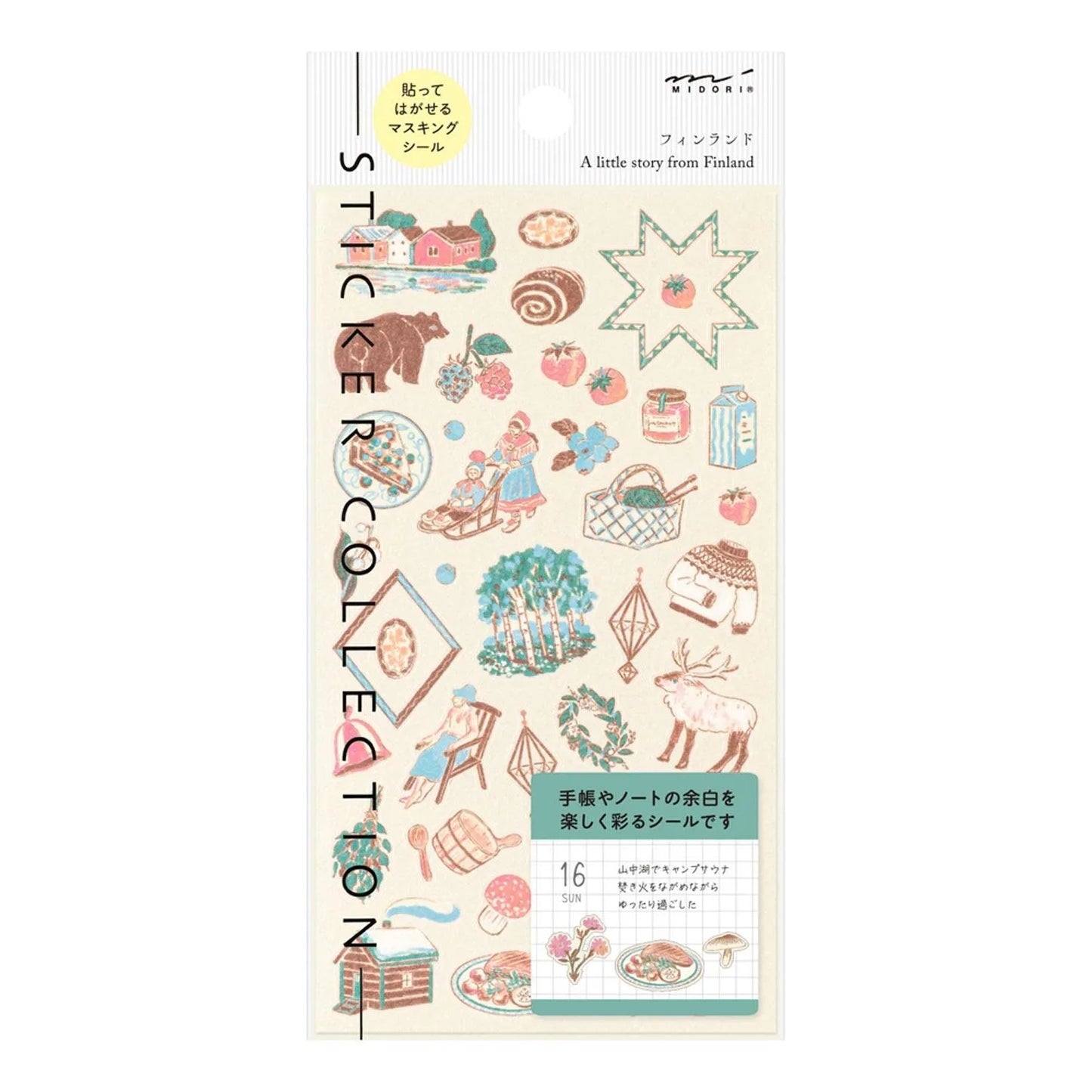 Midori travel series Finnish motifs washi sticker sheet with cabins, berries, reindeer, forests, and Nordic illustrations