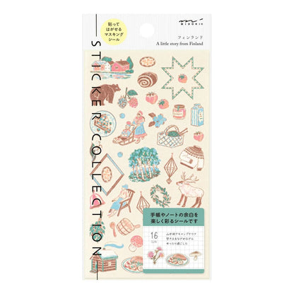 Midori travel series Finnish motifs washi sticker sheet with cabins, berries, reindeer, forests, and Nordic illustrations