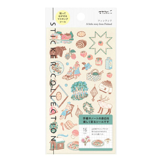 Midori travel series Finnish motifs washi sticker sheet with cabins, berries, reindeer, forests, and Nordic illustrations