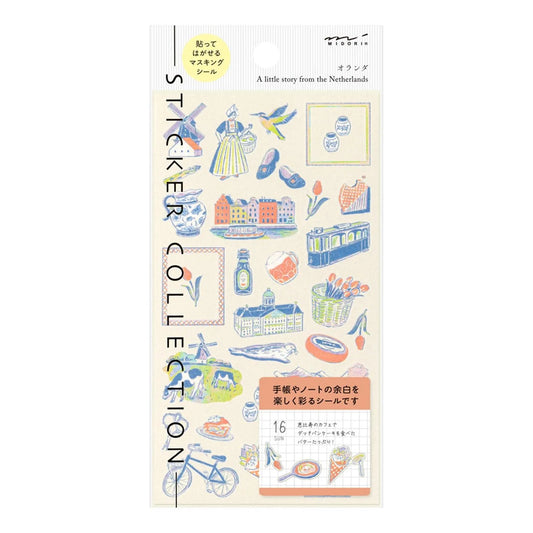 Midori travel series Dutch motifs washi sticker sheet with bicycles, windmills, canals, tulips, and illustrated city scenes