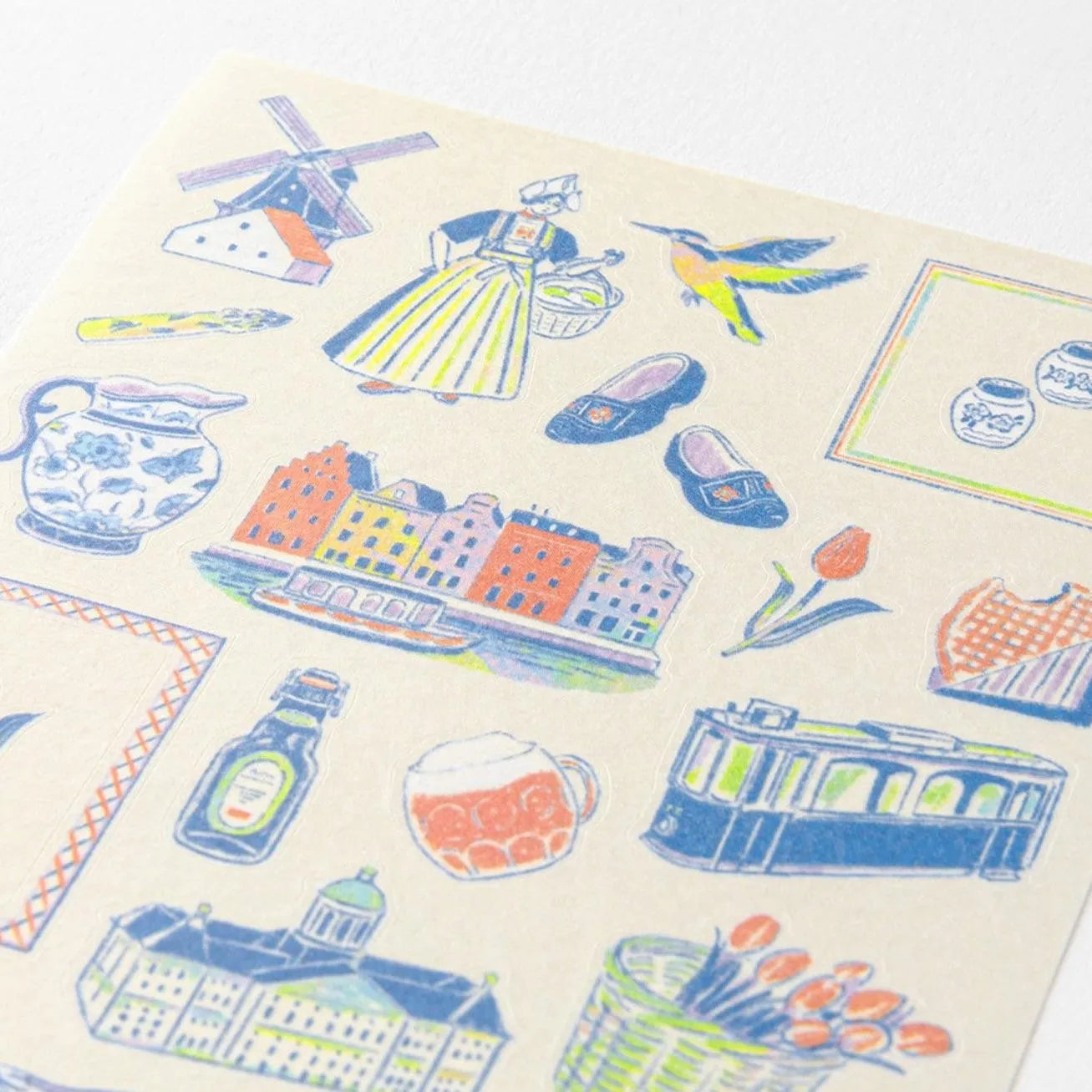 Midori travel series Dutch motifs washi sticker sheet with bicycles, windmills, canals, tulips, and illustrated city scenes