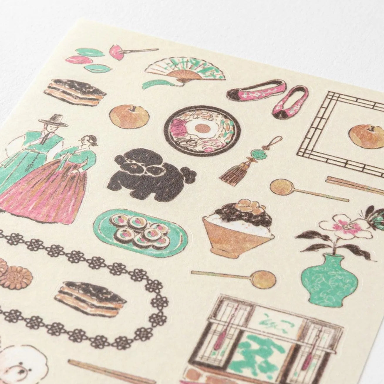 Midori travel series Korean motifs washi sticker sheet with traditional clothing, food, ceramics, interiors, and illustrated cultural scenes