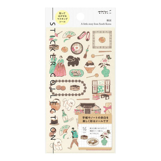 Midori travel series Korean motifs washi sticker sheet with traditional clothing, food, ceramics, interiors, and illustrated cultural scenes