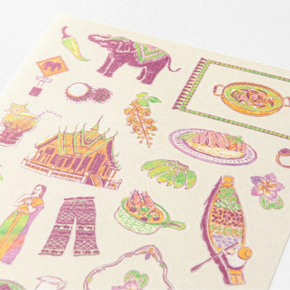 Midori travel series Thai motifs washi sticker sheet with temples, street food, tropical fruits, textiles, and illustrated cultural details