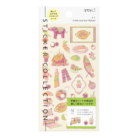 Midori travel series Thai motifs washi sticker sheet with temples, street food, tropical fruits, textiles, and illustrated cultural details