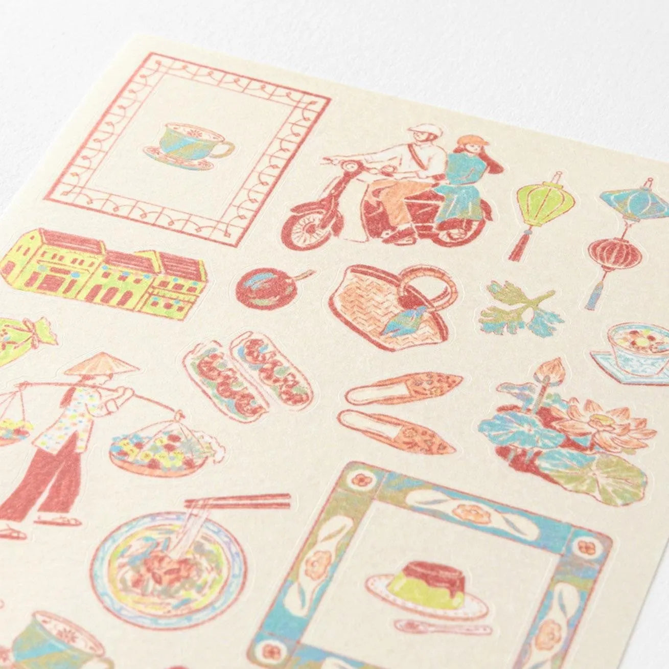 Midori travel series Vietnamese motifs washi sticker sheet with street food, lanterns, scooters, markets, and illustrated cultural scenes