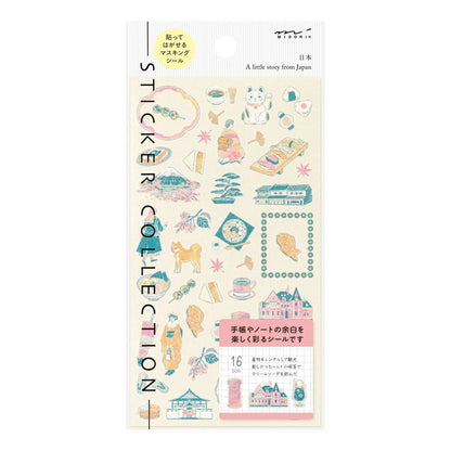 Midori travel series Japanese motifs washi sticker sheet with tea, sweets, lucky cats, seasonal scenes, and traditional illustrations