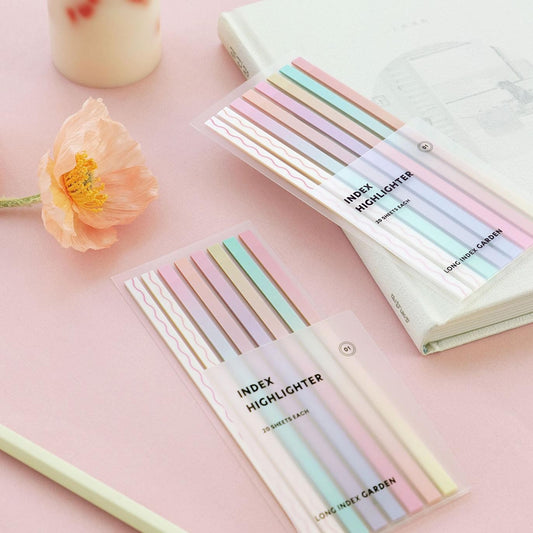 Iconic Garden and Ocean Long highlighter strips on a pink desk