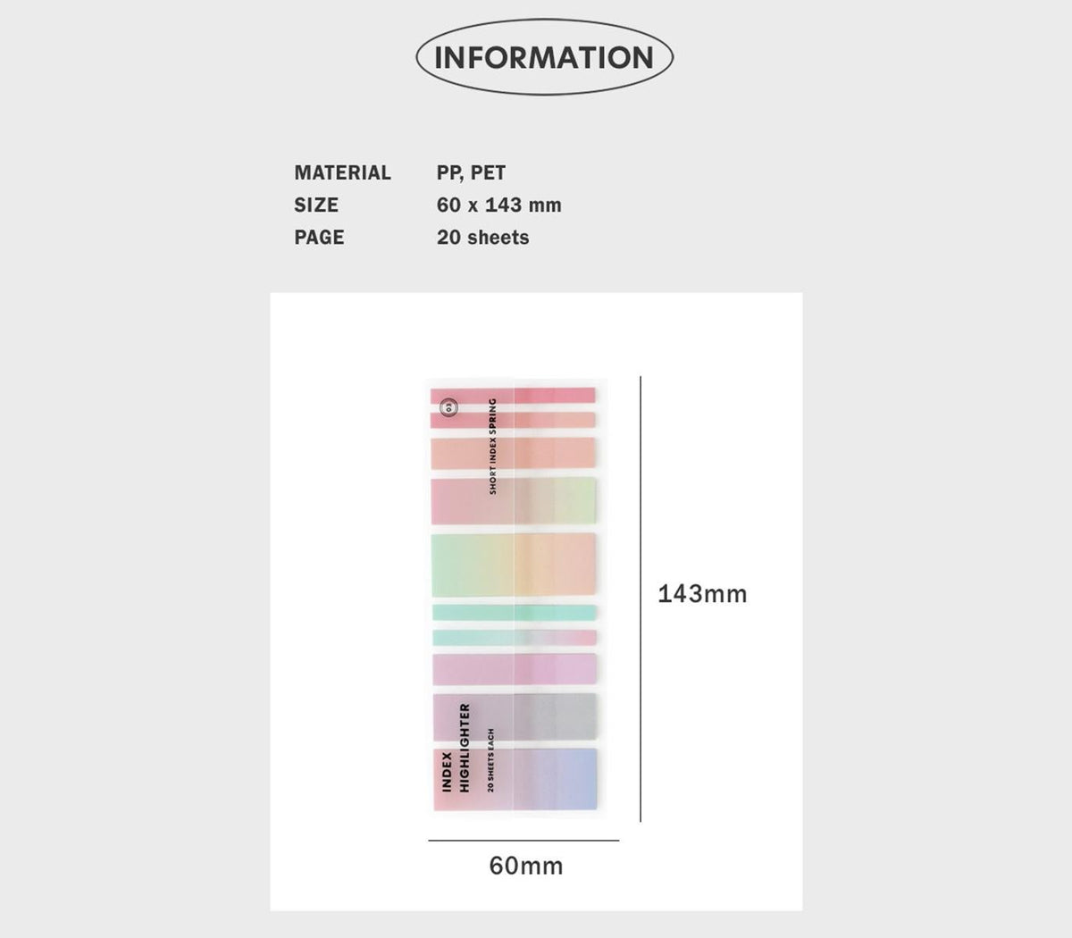 Iconic Short highlighter strips in a clear folder with size guide