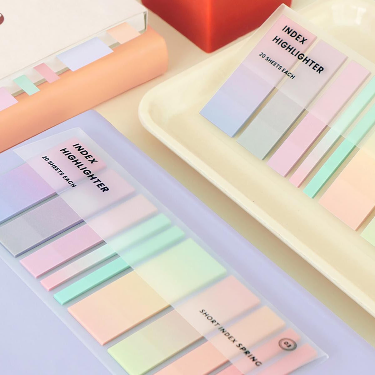 Iconic Index Short Highlighter Tabs – 200 translucent sticky tabs in pastel Spring/Winter tones in a clear folder