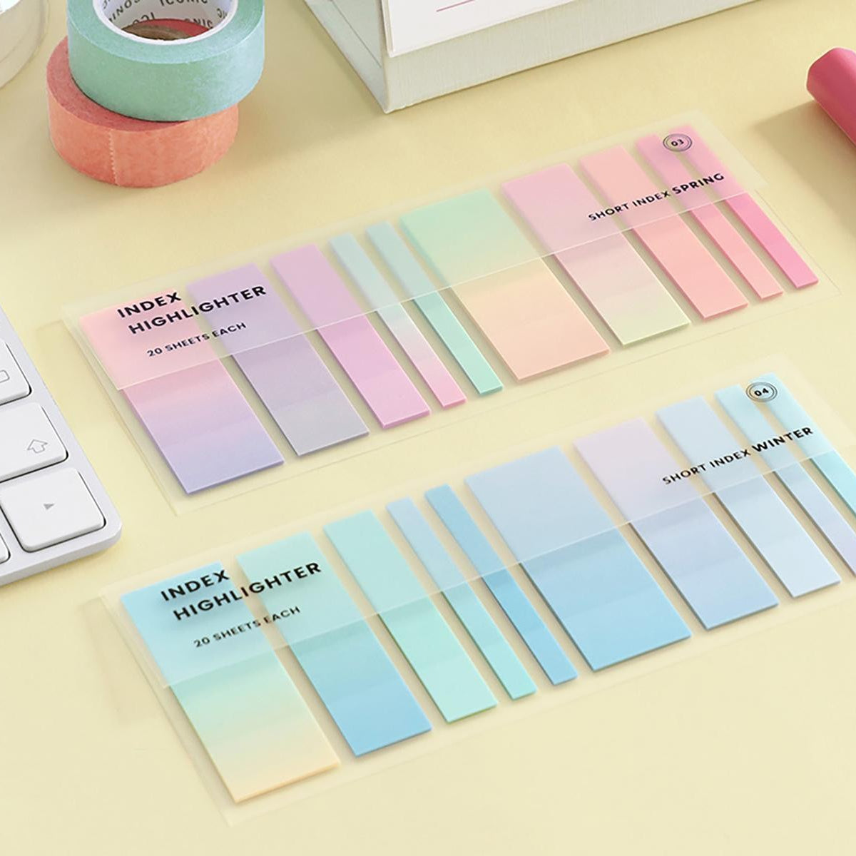 Iconic Index Short Highlighter Tabs – 200 translucent sticky tabs in pastel Spring/Winter tones in a clear folder