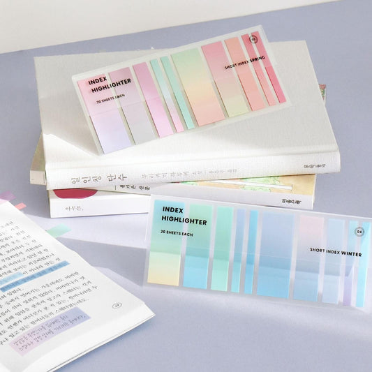 Iconic Index Short Highlighter Tabs – 200 translucent sticky tabs in pastel Spring/Winter tones in a clear folder
